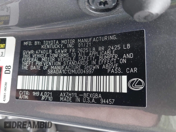2021 Lexus ES 300h with VIN 58ADA1C12MU004997, listed as a IAAI auction lot 42131827 with 38,238 mi miles and . Bid and sale history available at DreamBid. Image 9.