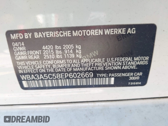2014 BMW 3 Series 328i with VIN WBA3A5C58EP602669, listed as a IAAI auction lot 42514389 with 187,330 mi miles and . Bid and sale history available at DreamBid. Image 9.