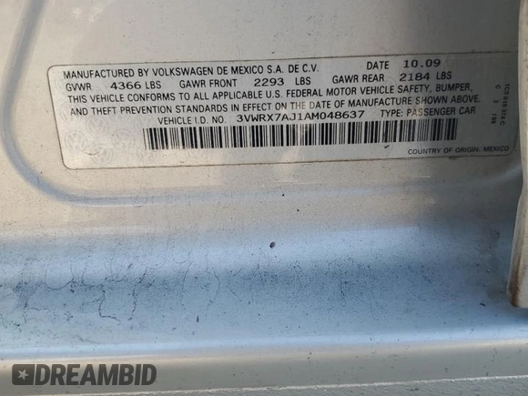 2010 Volkswagen Jetta SE with VIN 3VWRX7AJ1AM048637, listed as a Copart auction lot 57045965 with 158,297 mi miles and Salvage title. Bid and sale history available at DreamBid. Image 12.