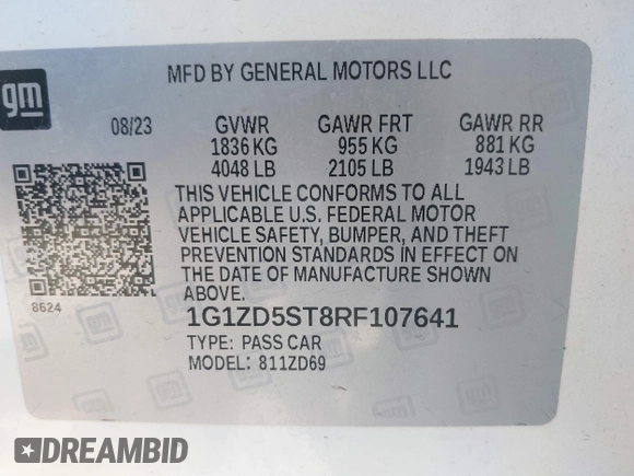2024 Chevrolet Malibu LT with VIN 1G1ZD5ST8RF107641, listed as a IAAI auction lot 42235858 with 44,083 mi miles and . Bid and sale history available at DreamBid. Image 9.