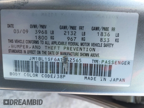 2010 Mazda 3 i SV with VIN JM1BL1SF6A1142565, listed as a IAAI auction lot 40677322 with 143,324 mi miles and . Bid and sale history available at DreamBid. Image 9.