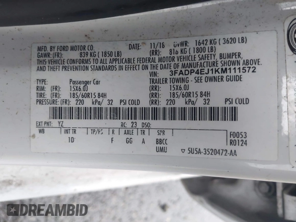 2019 Ford Fiesta SE with VIN 3FADP4EJ1KM111572, listed as a IAAI auction lot 41936091 with 162,020 mi miles and . Bid and sale history available at carsss.com. Image 9.