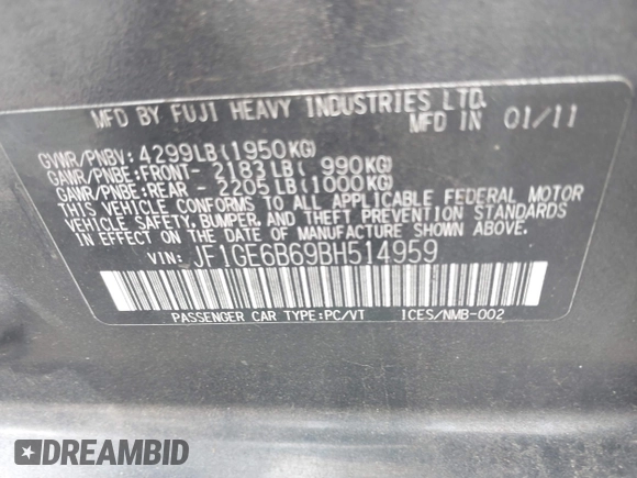 2011 Subaru Impreza Premium with VIN JF1GE6B69BH514959, listed as a IAAI auction lot 41931686 with 128,558 mi miles and . Bid and sale history available at DreamBid. Image 9.