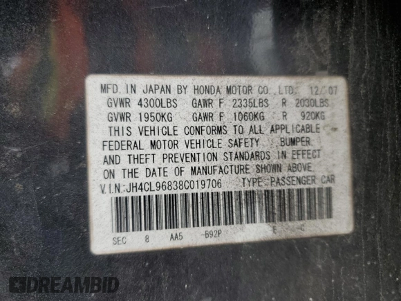 2008 Acura TSX z VIN JH4CL96838C019706, wystawiony jako Copart lot #48103595 z przebiegiem 246 876 mil mil oraz Szkoda całkowita • Salvage title. Historia ofert i sprzedaży dostępna na DreamBid. Obrazek 13.
