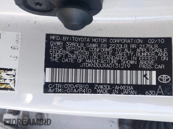 2010 Toyota Prius II with VIN JTDKN3DUXA0131219, listed as a IAAI auction lot 41635015 with Not Provided miles. Bid and sale history available at carsss.com. Image 9.
