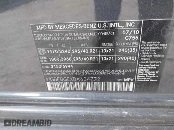2011 Mercedes-Benz GL-Class GL 550 with VIN 4JGBF8GEXBA634772, listed as a IAAI auction lot 42025095 with 183,986 mi miles. Bid and sale history available at carsss.com. Image 9.