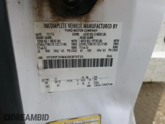 2016 Ford F-350 with VIN 1FDRF3G6XGEB70733, listed as a Copart auction lot 45679275 with 202,756 mi miles and Salvage title. Bid and sale history available at DreamBid. Image 12.
