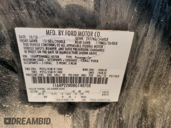 2011 Ford Taurus Limited with VIN 1FAHP2JW0BG140708, listed as a Copart auction lot 52157335 with 141,229 mi miles and Clean title. Bid and sale history available at DreamBid. Image 12.