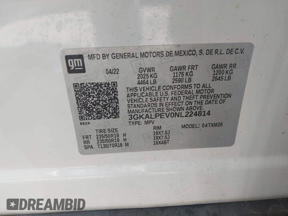 2022 GMC Terrain SLT with VIN 3GKALPEV0NL224814, listed as a IAAI auction lot 41696599 with 65,930 mi miles. Bid and sale history available at carsss.com. Image 9.