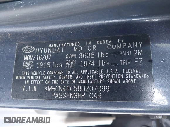 2008 Hyundai Accent GLS with VIN KMHCN46C58U207099, listed as a IAAI auction lot 41788937 with 99,812 mi miles. Bid and sale history available at carsss.com. Image 9.