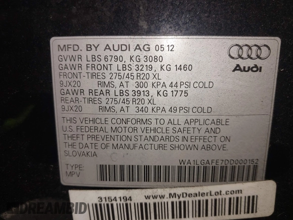 2013 Audi Q7 Premium Plus with VIN WA1LGAFE7DD000152, listed as a IAAI auction lot 42520904 with 137,516 mi miles and . Bid and sale history available at DreamBid. Image 9.