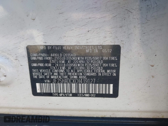 2012 Subaru Forester X Premium with VIN JF2SHADCXCH439127, listed as a IAAI auction lot 42454990 with 139,203 mi miles and . Bid and sale history available at DreamBid. Image 9.