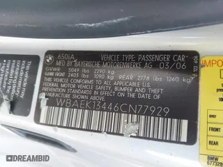 2006 BMW 6 Series 650Ci with VIN WBAEK13446CN77929, listed as a IAAI auction lot 41853425 with 133,515 mi miles. Bid and sale history available at carsss.com. Image 9.