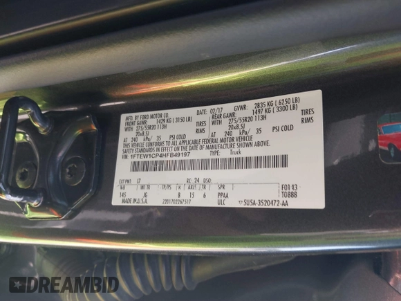 2017 Ford F-150 XL с VIN 1FTEW1CP4HFB49197, выставлен на аукционе IAAI как лот 41745735 с пробегом 76 106 миль миль и . История ставок и продаж доступна на DreamBid. Изображение 9.