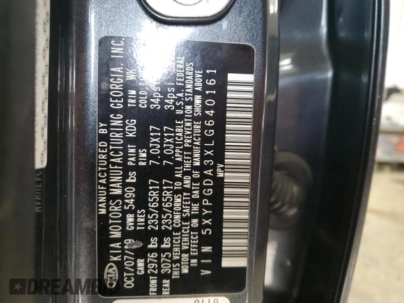 2020 Kia Sorento LX with VIN 5XYPGDA3XLG640161, listed as a Copart auction lot 48752375 with 86,473 mi miles and Salvage Title. Bid and sale history available at DreamBid. Image 13.