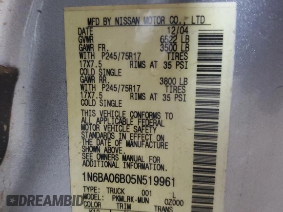 2005 Nissan Titan SE with VIN 1N6BA06B05N519961, listed as a Copart auction lot 62262905 with 117,052 mi miles and Salvage title. Bid and sale history available at DreamBid. Image 12.