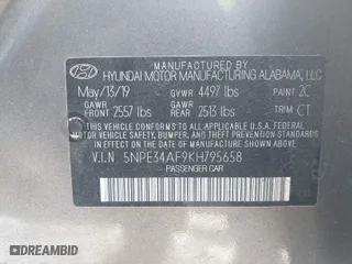 2019 Hyundai Sonata Sport with VIN 5NPE34AF9KH795658, listed as a IAAI auction lot 41408968 with 66,501 mi miles. Bid and sale history available at carsss.com. Image 9.