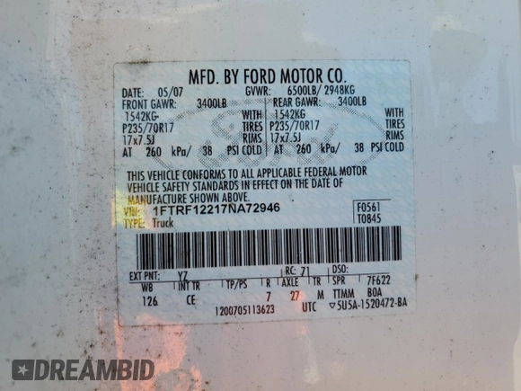 2007 Ford F-150 XL with VIN 1FTRF12217NA72946, listed as a Copart auction lot 65255485 with 120,123 mi miles and Salvage title. Bid and sale history available at DreamBid. Image 12.