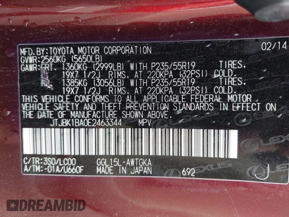2014 Lexus RX 350 с VIN JTJBK1BA0E2463344, выставлен на аукционе IAAI как лот 42563703 с пробегом 91 993 миль миль и . История ставок и продаж доступна на DreamBid. Изображение 9.