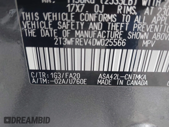 2013 Toyota RAV4 XLE with VIN 2T3WFREV4DW025566, listed as a IAAI auction lot 42405417 with 183,181 mi miles and . Bid and sale history available at DreamBid. Image 9.
