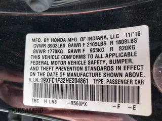 2017 Honda Civic Sedan EX-T with VIN 19XFC1F32HE204861, listed as a IAAI auction lot 42031039 with 61,043 mi miles. Bid and sale history available at carsss.com. Image 9.