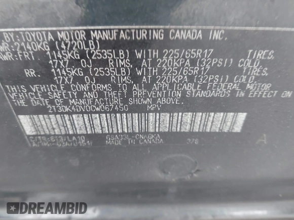 2012 Toyota RAV4 Limited with VIN 2T3DK4DV0CW067450, listed as a IAAI auction lot 41697820 with 166,488 mi miles and . Bid and sale history available at DreamBid. Image 9.