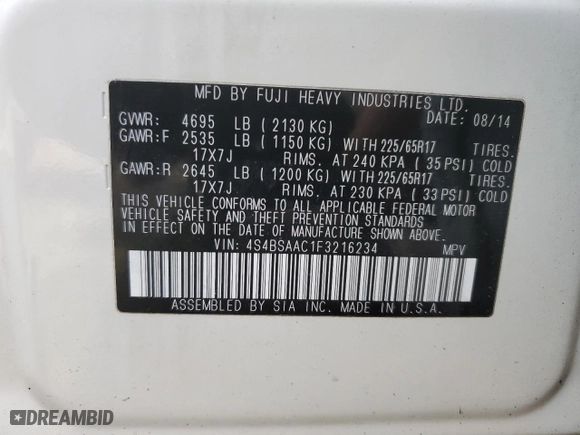 2015 Subaru Outback 2.5i with VIN 4S4BSAAC1F3216234, listed as a Copart auction lot 51432185 with 106,568 mi miles and Salvage Title. Bid and sale history available at carsss.com. Image 14.
