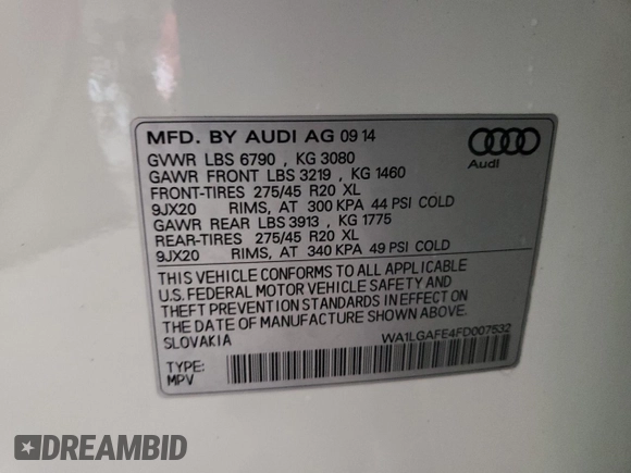 2015 Audi Q7 Premium Plus with VIN WA1LGAFE4FD007532, listed as a Copart auction lot 59260105 with 153,078 mi miles and Clean title. Bid and sale history available at DreamBid. Image 13.