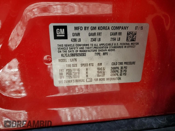 2015 Chevrolet Trax LT with VIN KL7CJLSB6FB258303, listed as a Copart auction lot 52513275 with 80,864 mi miles and Clean Title. Bid and sale history available at carsss.com. Image 13.