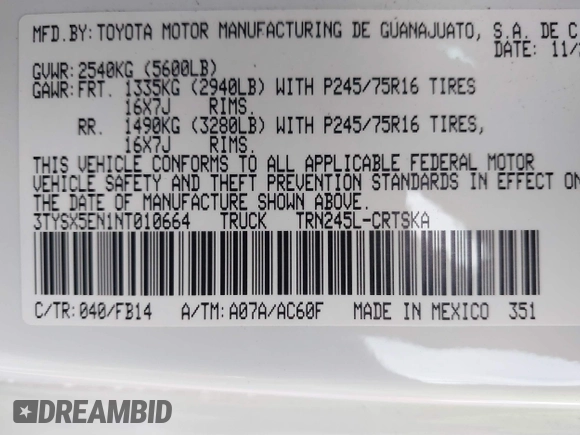 2022 Toyota Tacoma SR with VIN 3TYSX5EN1NT010664, listed as a IAAI auction lot 41642295 with 29,848 mi miles and . Bid and sale history available at DreamBid. Image 9.