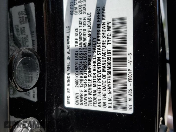2021 Honda Passport EX-L with VIN 5FNYF7H58MB005187, listed as a Copart auction lot 60414535 with 75,208 mi miles and Salvage title. Bid and sale history available at DreamBid. Image 14.