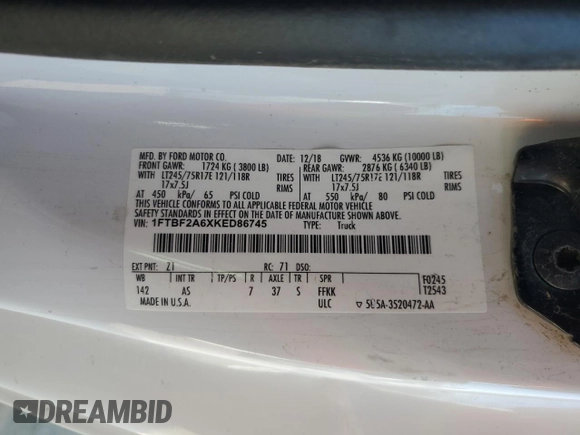 2019 Ford Super Duty F-250 SRW XL with VIN 1FTBF2A6XKED86745, listed as a Copart auction lot 42246985 with 108,151 mi miles and Salvage Title. Bid and sale history available at carsss.com. Image 13.