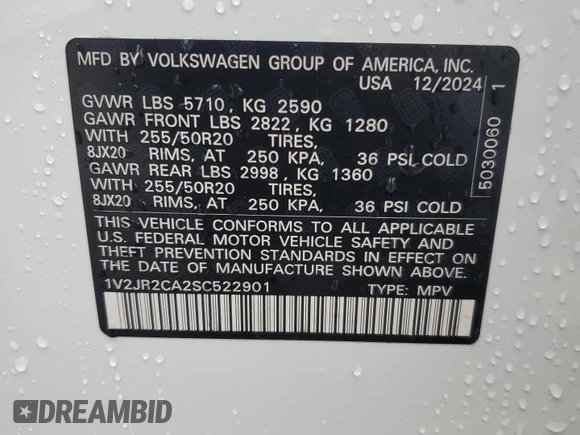 2025 Volkswagen Atlas SE z VIN 1V2JR2CA2SC522901, wystawiony jako Copart lot #44956845 z przebiegiem 1 591 mil mil oraz Szkoda całkowita • Salvage title. Historia ofert i sprzedaży dostępna na DreamBid. Obrazek 15.