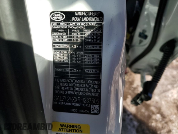2024 Land Rover Range Rover Evoque Dynamic SE z VIN SALZL2FXXRH237505, wystawiony jako Copart lot #46254085 z przebiegiem 8 966 mil mil oraz Szkoda całkowita • Salvage title. Historia ofert i sprzedaży dostępna na DreamBid. Obrazek 12.