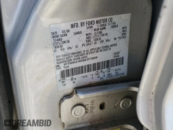 2008 Ford F-350 XL with VIN 1FTWW31R08ED73609, listed as a Copart auction lot 72572624 with Not provided miles and Salvage title. Bid and sale history available at DreamBid. Image 13.