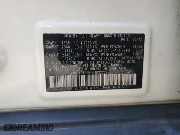 2013 Subaru Outback Premium with VIN 4S4BRBCC1D3222790, listed as a Copart auction lot 59624355 with 116,405 mi miles and Salvage title. Bid and sale history available at DreamBid. Image 13.