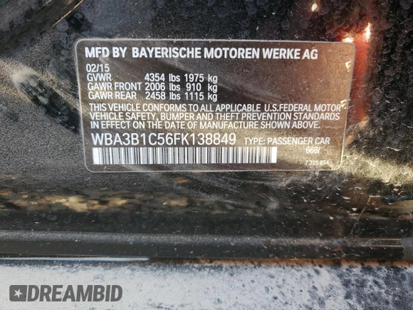 2015 BMW 3 Series 320i with VIN WBA3B1C56FK138849, listed as a Copart auction lot 50351905 with 54,115 mi miles and Salvage Title. Bid and sale history available at carsss.com. Image 12.