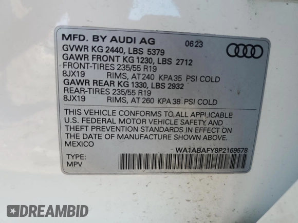 2023 Audi Q5 Premium with VIN WA1ABAFY8P2169578, listed as a Copart auction lot 55917595 with 29,356 mi miles and Salvage title. Bid and sale history available at DreamBid. Image 13.