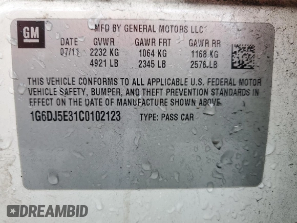 2012 Cadillac CTS Performance with VIN 1G6DJ5E31C0102123, listed as a Copart auction lot 89283265 with 133,962 mi miles and Salvage Title. Bid and sale history available at DreamBid. Image 12.