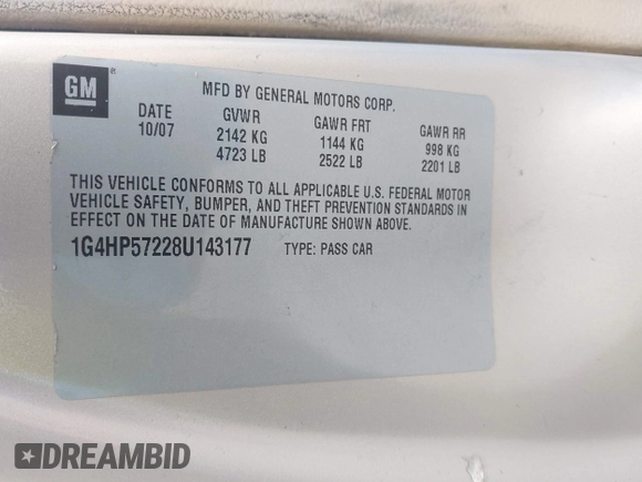 2008 Buick Lucerne CX with VIN 1G4HP57228U143177, listed as a IAAI auction lot 41786772 with 96,969 mi miles and . Bid and sale history available at DreamBid. Image 9.
