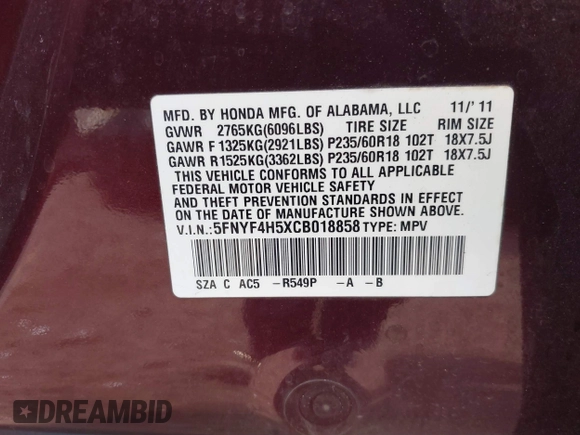 2012 Honda Pilot EX-L with VIN 5FNYF4H5XCB018858, listed as a IAAI auction lot 41757706 with 175,235 mi miles and . Bid and sale history available at carsss.com. Image 9.