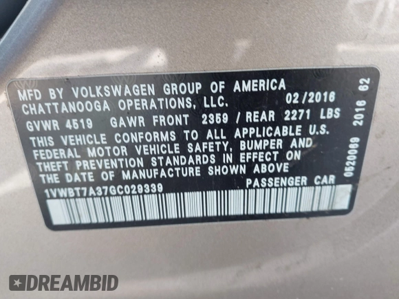 2016 Volkswagen Passat SE с VIN 1VWBT7A37GC029339, выставлен на аукционе IAAI как лот 42559687 с пробегом 217 524 миль миль и . История ставок и продаж доступна на DreamBid. Изображение 9.