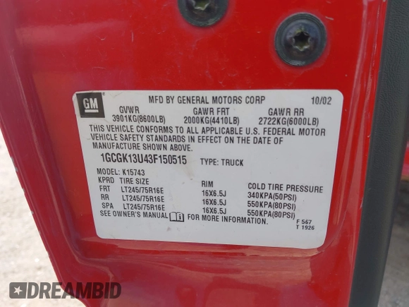 2003 Chevrolet Silverado 1500HD LS z VIN 1GCGK13U43F150515, wystawiony jako IAAI lot #42135449 z przebiegiem 171 015 mil mil oraz . Historia ofert i sprzedaży dostępna na DreamBid. Obrazek 9.