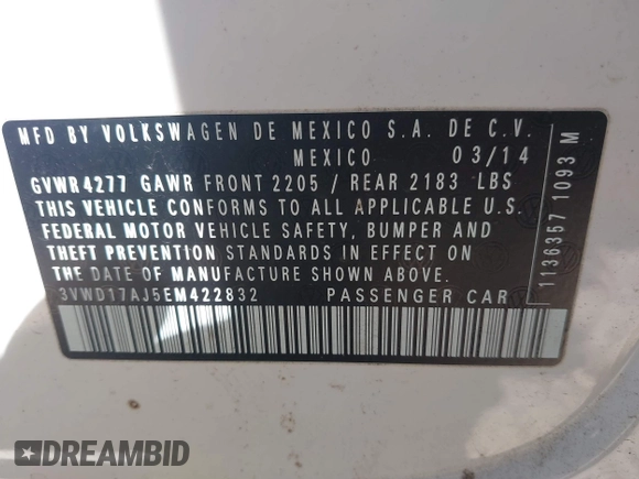 2014 Volkswagen Jetta SE z VIN 3VWD17AJ5EM422832, wystawiony jako IAAI lot #41684216 z przebiegiem 103 940 mil mil oraz . Historia ofert i sprzedaży dostępna na DreamBid. Obrazek 9.