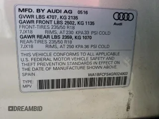 2016 Audi Q3 Premium Plus with VIN WA1BFCFS4GR024903, listed as a Copart auction lot 69352602 with 125,333 mi miles. Bid and sale history available at carsss.com. Image 13.