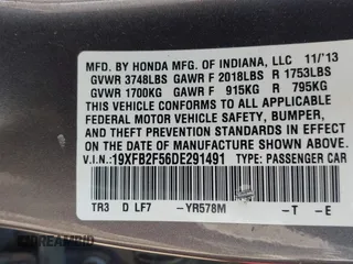 2013 Honda Civic LX with VIN 19XFB2F56DE291491, listed as a IAAI auction lot 41947866 with Not Provided miles and . Bid and sale history available at DreamBid. Image 9.