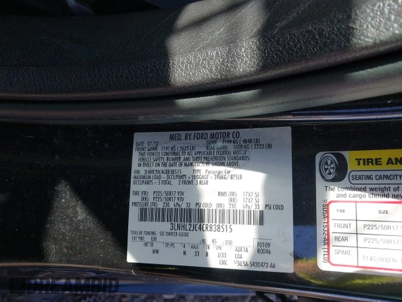 2012 Lincoln MKZ with VIN 3LNHL2JC4CR838515, listed as a IAAI auction lot 41879183 with 74,501 mi miles. Bid and sale history available at carsss.com. Image 9.