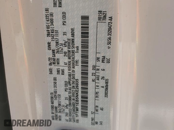 2022 Ford F-150 XL with VIN 1FTMF1EB5NKE26035, listed as a Copart auction lot 76379644 with 21,168 mi miles and Salvage title. Bid and sale history available at DreamBid. Image 14.