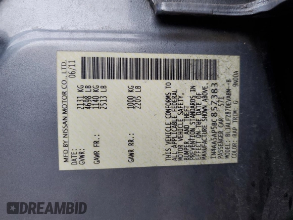 2011 Nissan Maxima SV z VIN 1N4AA5AP5BC857383, wystawiony jako Copart lot #49892435 z przebiegiem 167 163 mil mil oraz Szkoda całkowita • Salvage title. Historia ofert i sprzedaży dostępna na DreamBid. Obrazek 12.