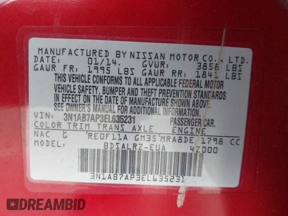 2014 Nissan Sentra S with VIN 3N1AB7AP3EL635231, listed as a IAAI auction lot 41069038 with 134,705 mi miles and . Bid and sale history available at DreamBid. Image 9.